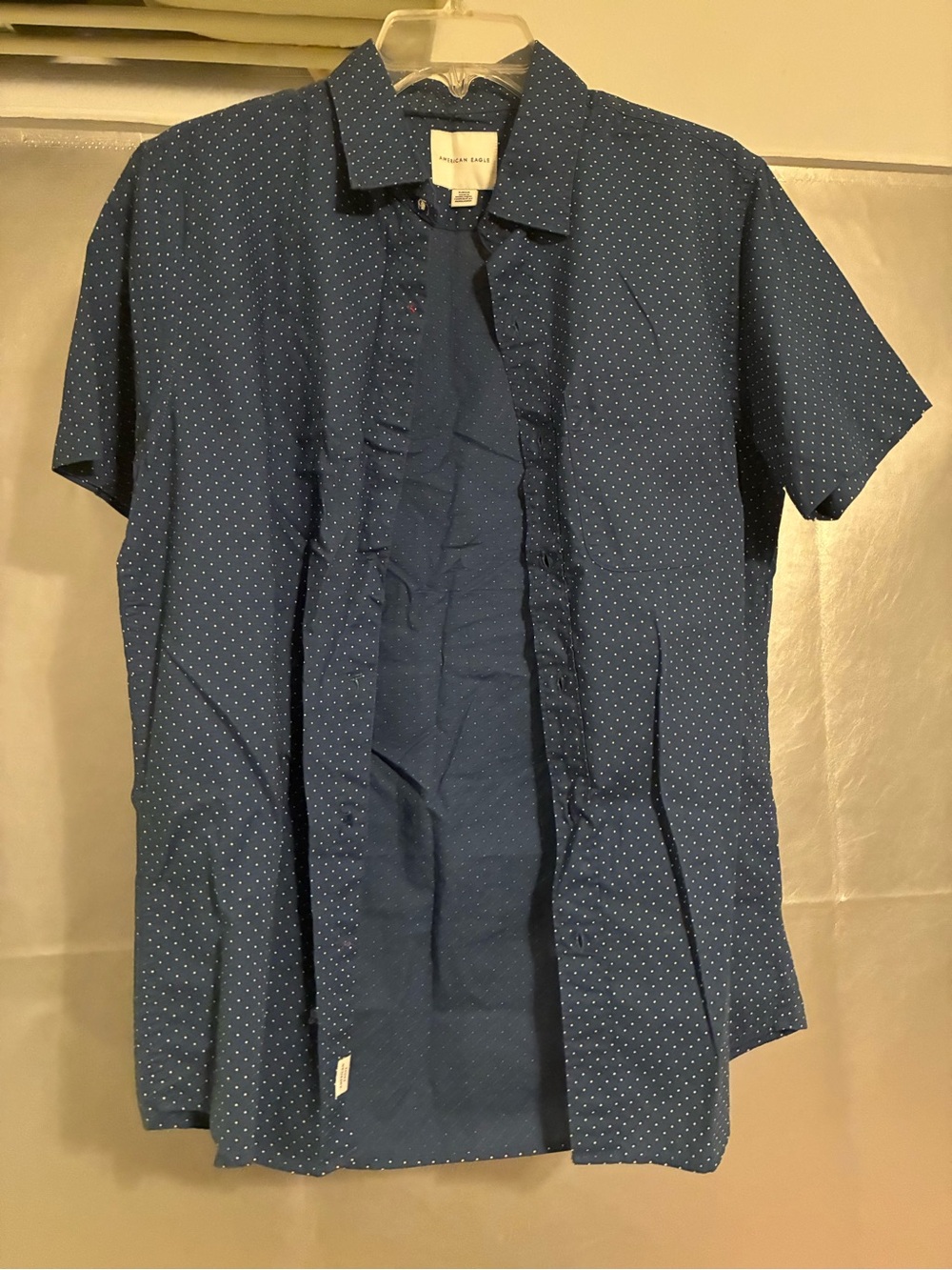 American Eagle Men’s Navy Blue Short Sleeve Button-Up with Micro Dot Print